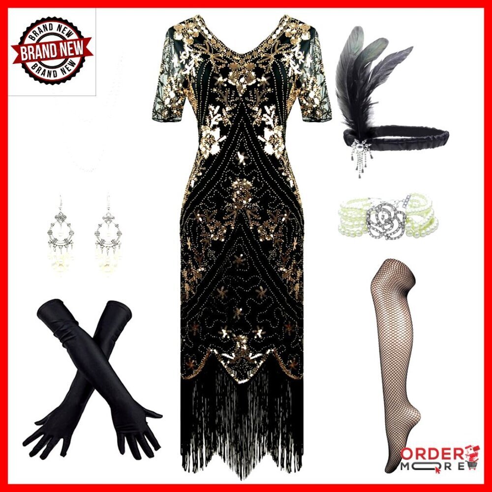 Sequin Flapper Dress Set with Accessories for Gatsby Party